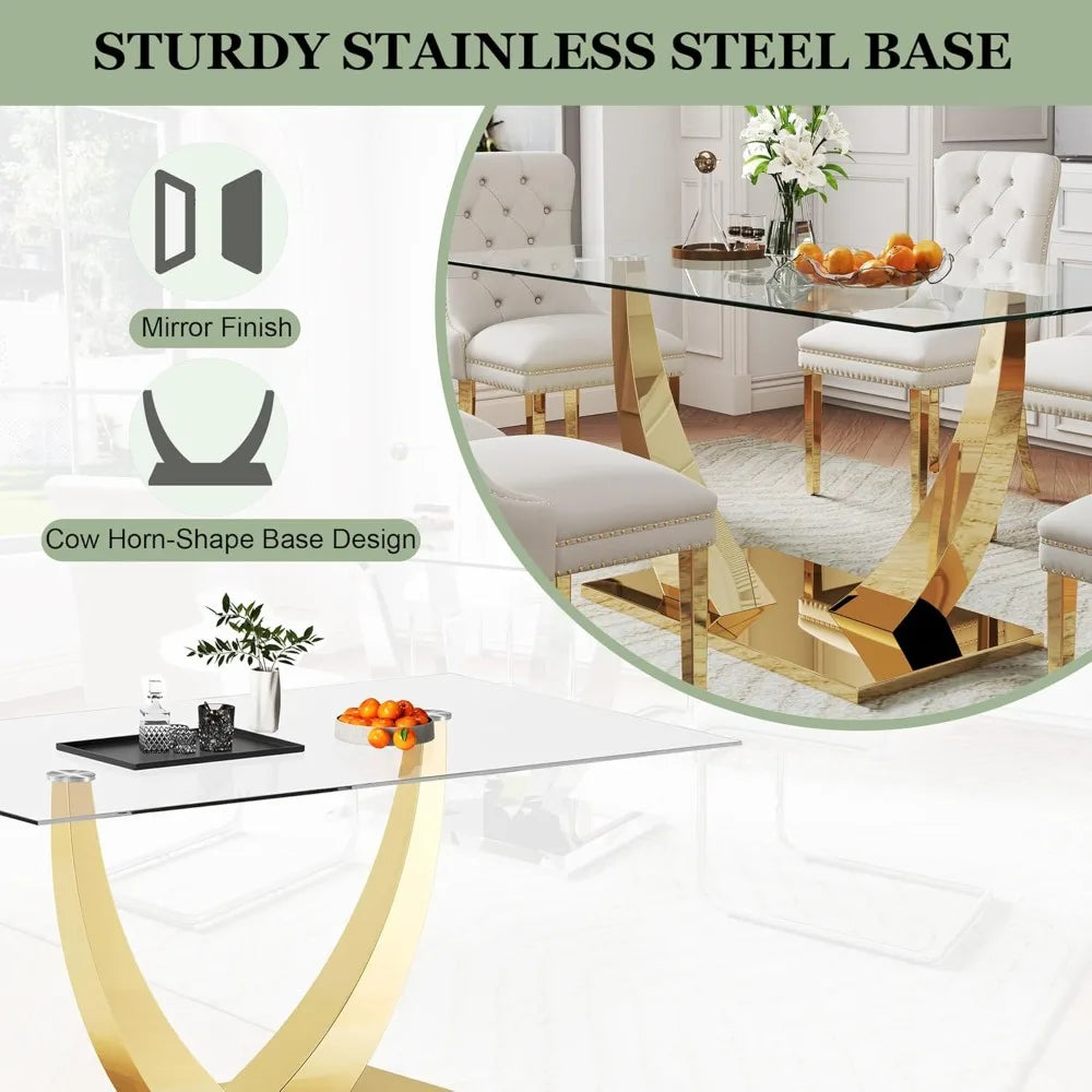 63" Gold Rectangular Glass Kitchen Table with 6 Beige High Back Chairs