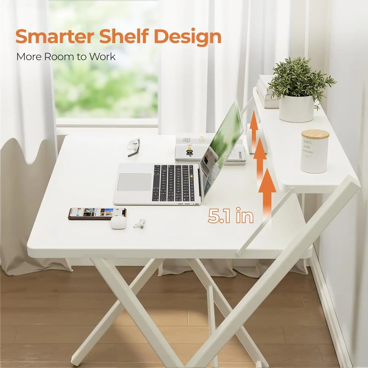 2-Tier Compact Computer Table with Shelf, Space Saving Foldable for Home Office or Dorm, White