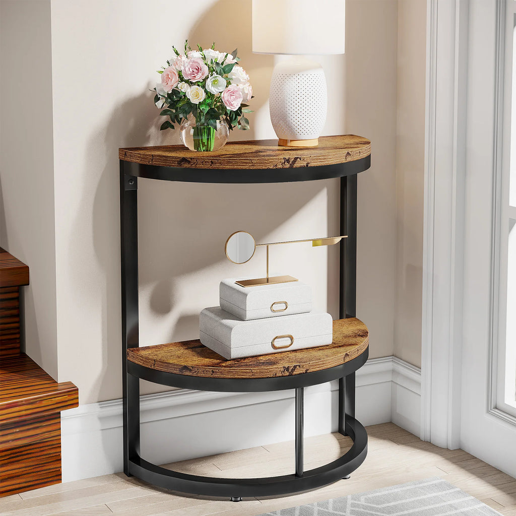 Small Half Round Side Table with Storage Shelf, Accent Table Slim