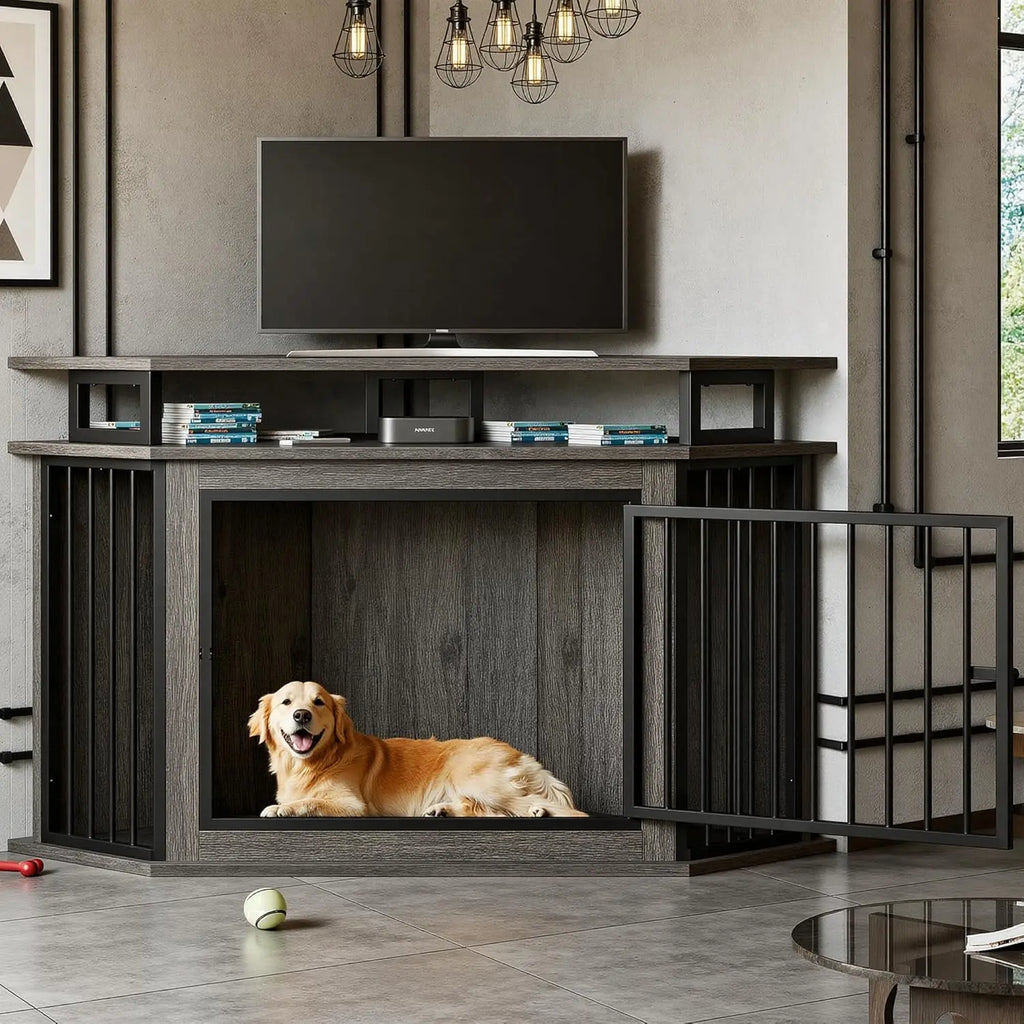 51" Corner Wooden Dog Crate with 2-Tier Shelves