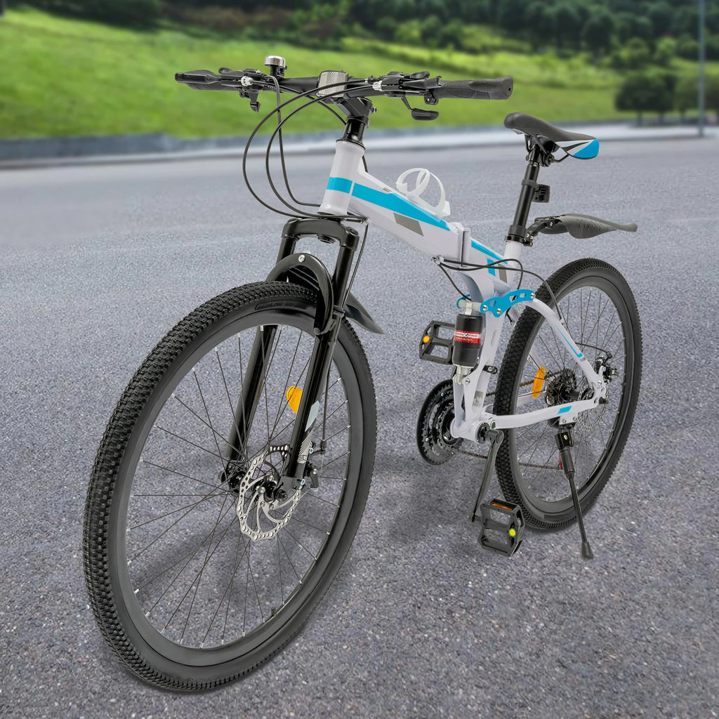 26 Inch Folding Mountain Bike 21-Speed High-carbon Steel MTB with Dual Disc Brake System Adult Mountain Bicycle Height Adjustable for Men Women,