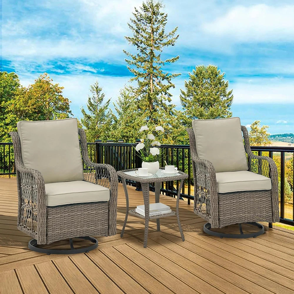 3-Piece Wicker Swivel Rocking Patio Set, 2 Chairs & Glass Table
