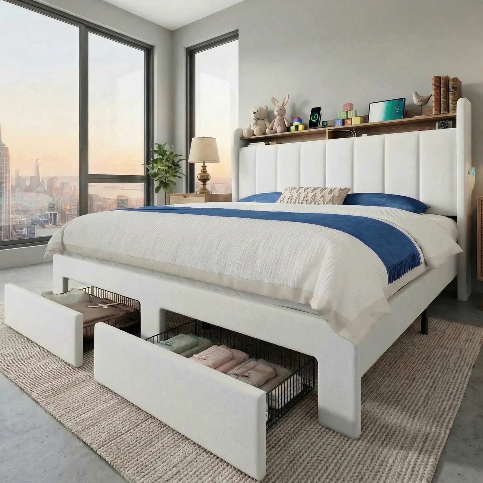Bed Frame, 2 Storage Drawers/2-Tier Shelves with LED Lights & Charging Station, No Box Spring Need, Full/Queen/King