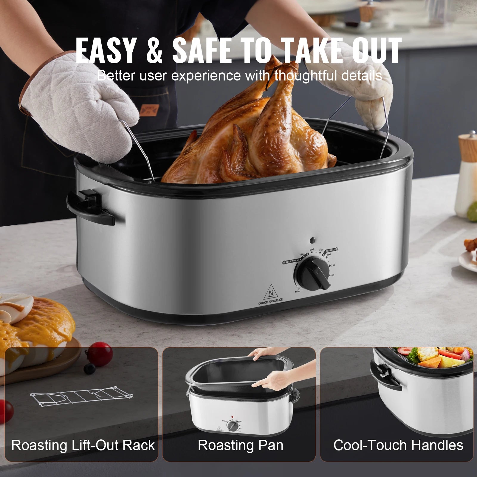 Electric Roaster Oven 24 QT Turkey Roaster Oven with Self-Basting Lid 1450W Roaster Oven Defrost&Warm Function Silver