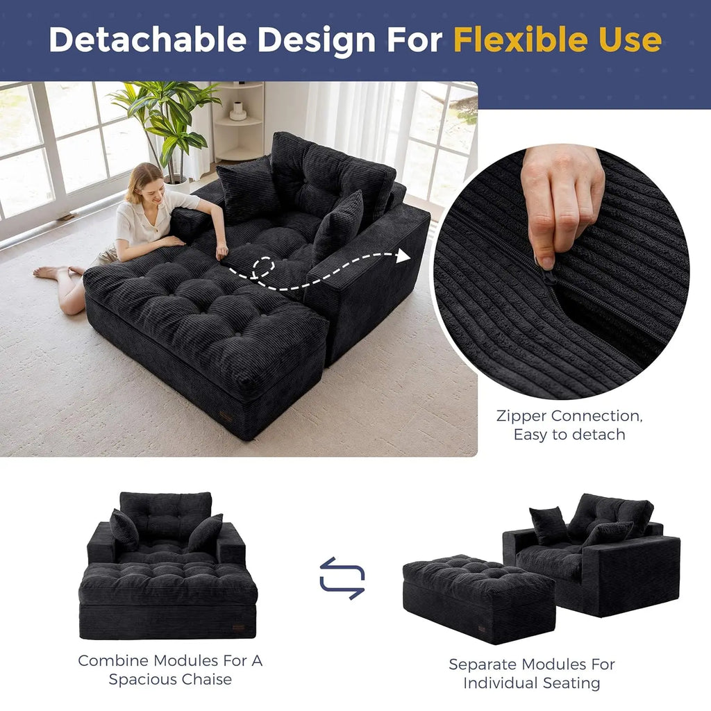 Upholstered Lounge Chair with 3 Pillows, Tufted Boneless Sofa Couch with Ottoman