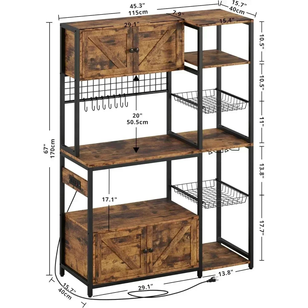 Bakers Rack with 2 Storage Cabinets and Power Outlet