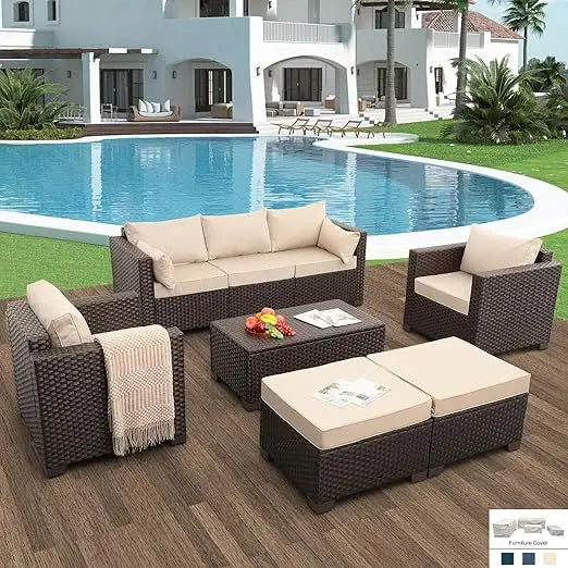6 Pieces Wicker Sofa Set with Outdoor Couch Patio Chairs Storage Coffee Table
