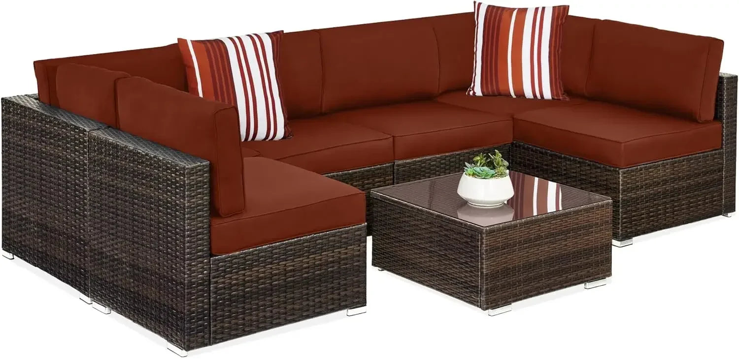 7-piece modular outdoor sectional wicker patio conversation set w/ 2 pillows, coffee table, cover included - black/deep burgund