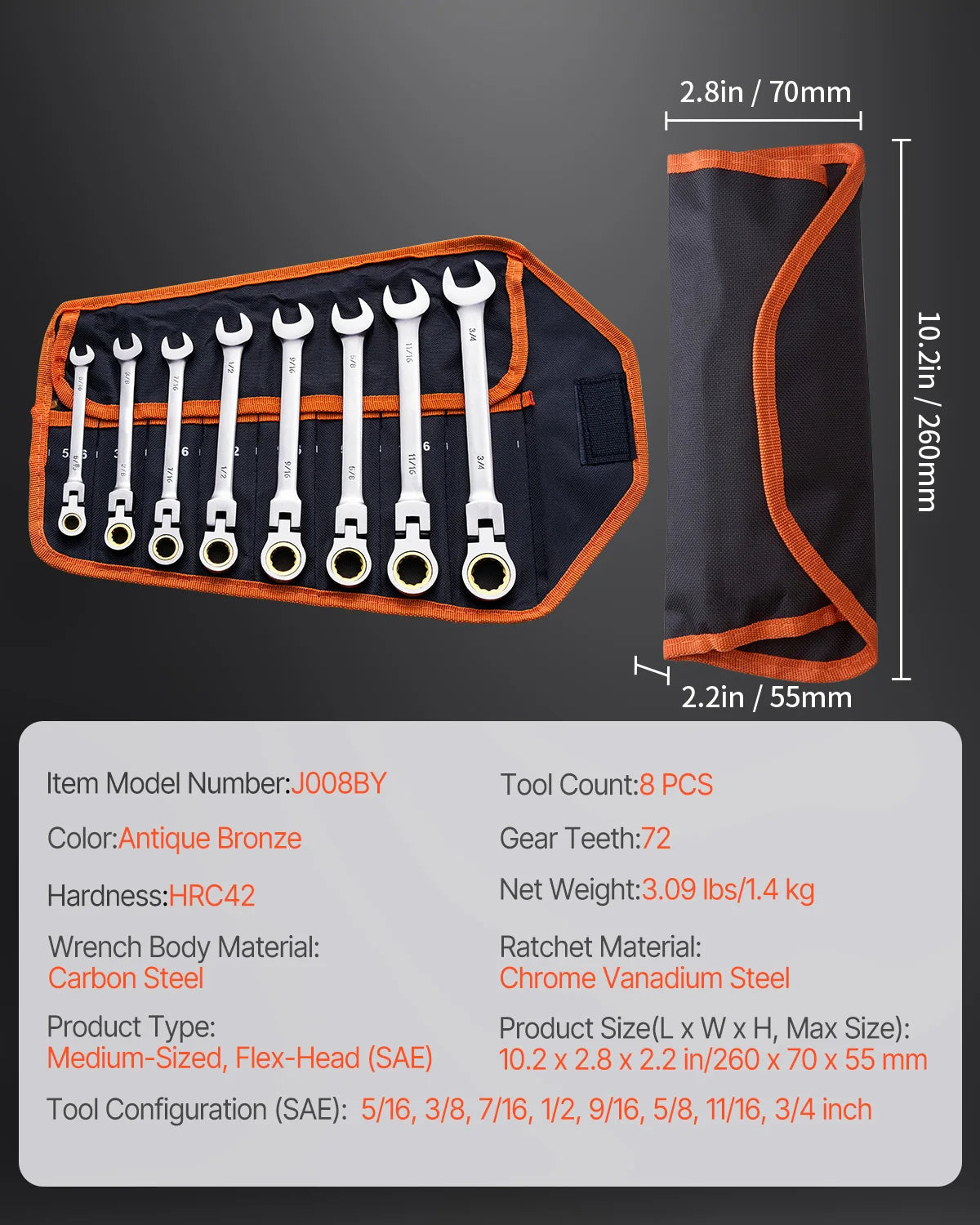 Flex-Head Ratcheting Wrench Set 8pcs Combination WrenchSet Roll-up PouchSteel Flexible Ratcheting Wrench Set SAE Metric