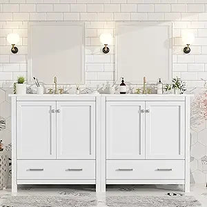 60" Bathroom Vanity with Double Sink, Solid Wood Bathroom Cabinet with 2 Drawers, Storage Racks & 2 Cabinets, Separate Two 30 In