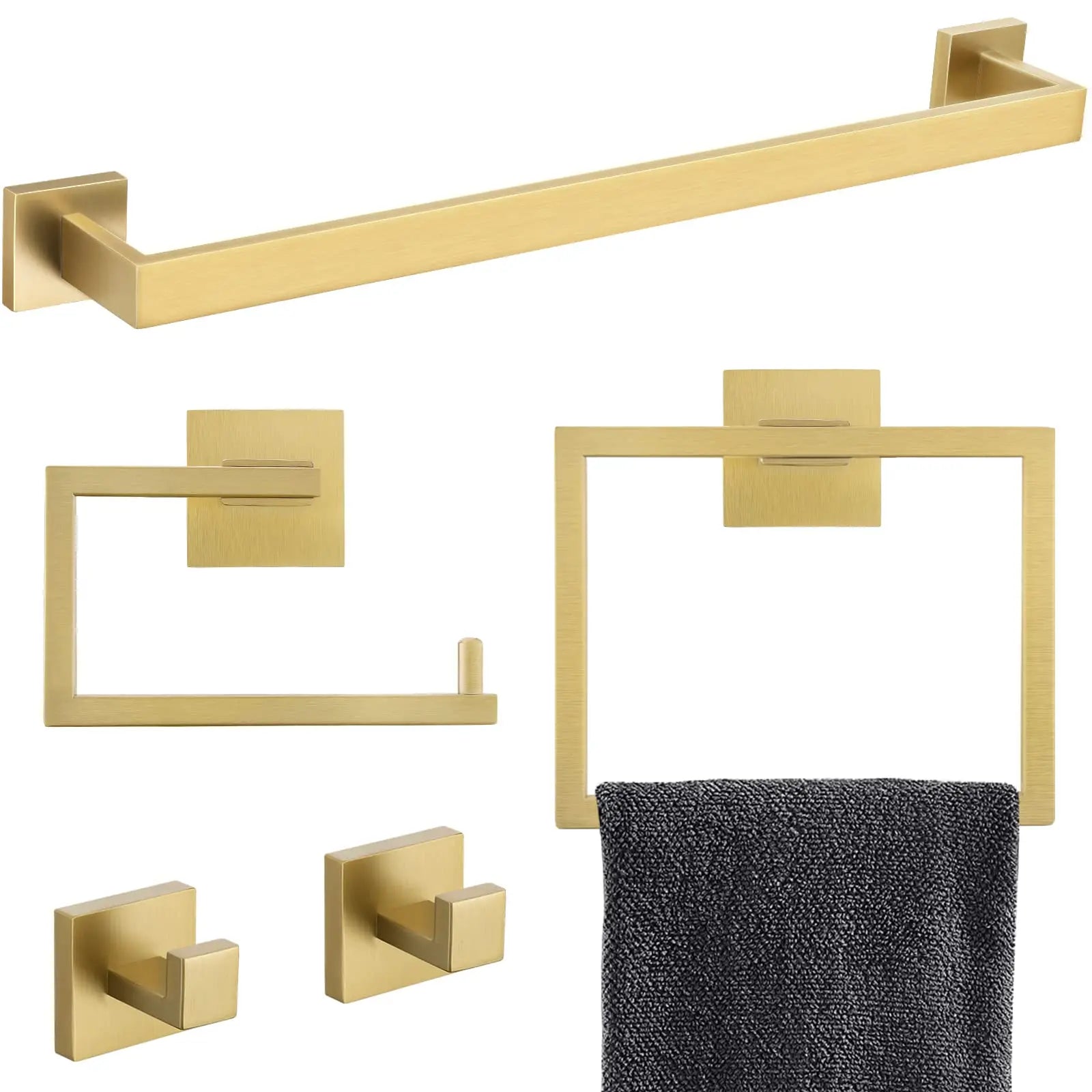 Brushed Gold Bathroom Hardware Accessorie Set 23.6 Inch Towel Bar Set 5-Pieces Towel Rack&Holder Set for Bathroom,Upgraded Toilet Paper Holder with Shelf,Stainless Steel Wall-Mounted