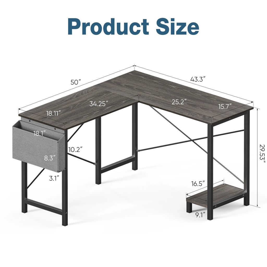 50 Inch Office Writing PC Wooden Table with CPU Storage Shelf & Side Bag for Home Office Bedroom Small Space