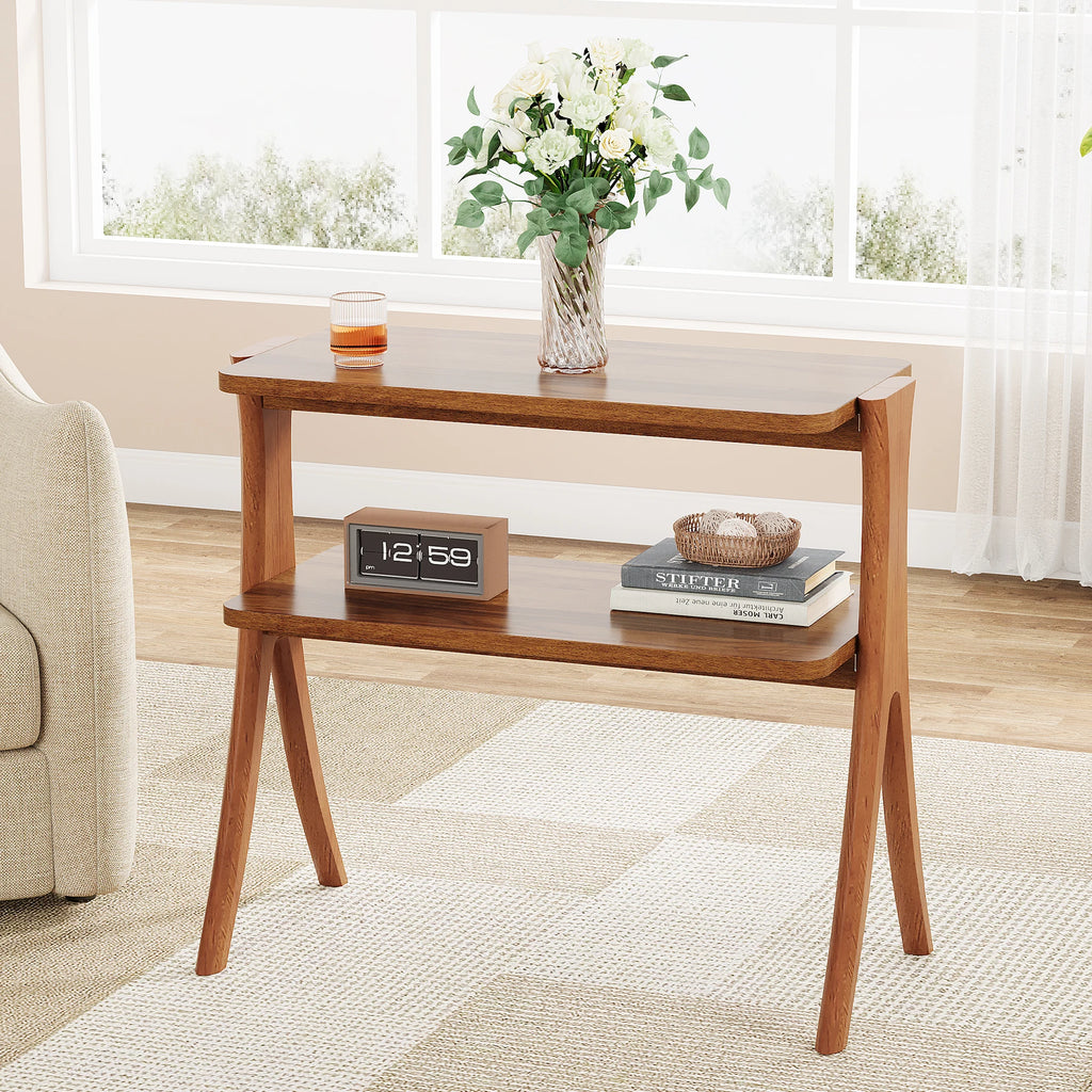 Narrow End Table with 2-Tier Storage Shelf and Solid Wood Legs, Slim Bedside Table