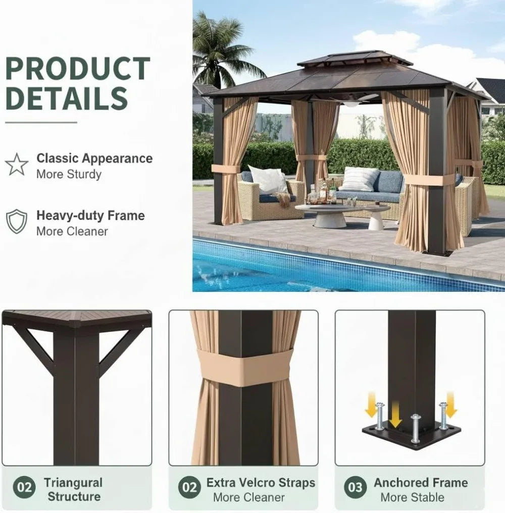10x12ft Hardtop Gazebo with Double Roof, Curtains & Netting - All-Weather Aluminum Frame