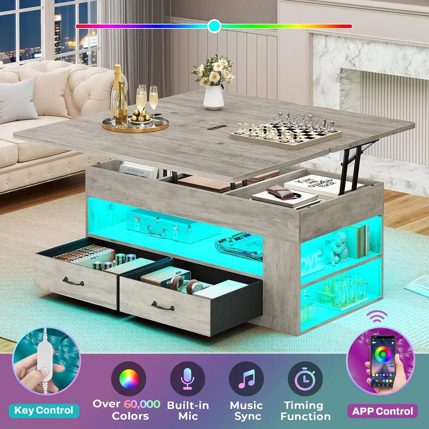 Lift Top Coffee Table with Storage Hidden Compartment 2 Fabric Drawers LED Light