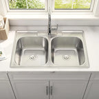 33x22 Double Bowl Drop In Kitchen Sink 304 Stainless Steel 18 Gauge Curved Shape Round Corner