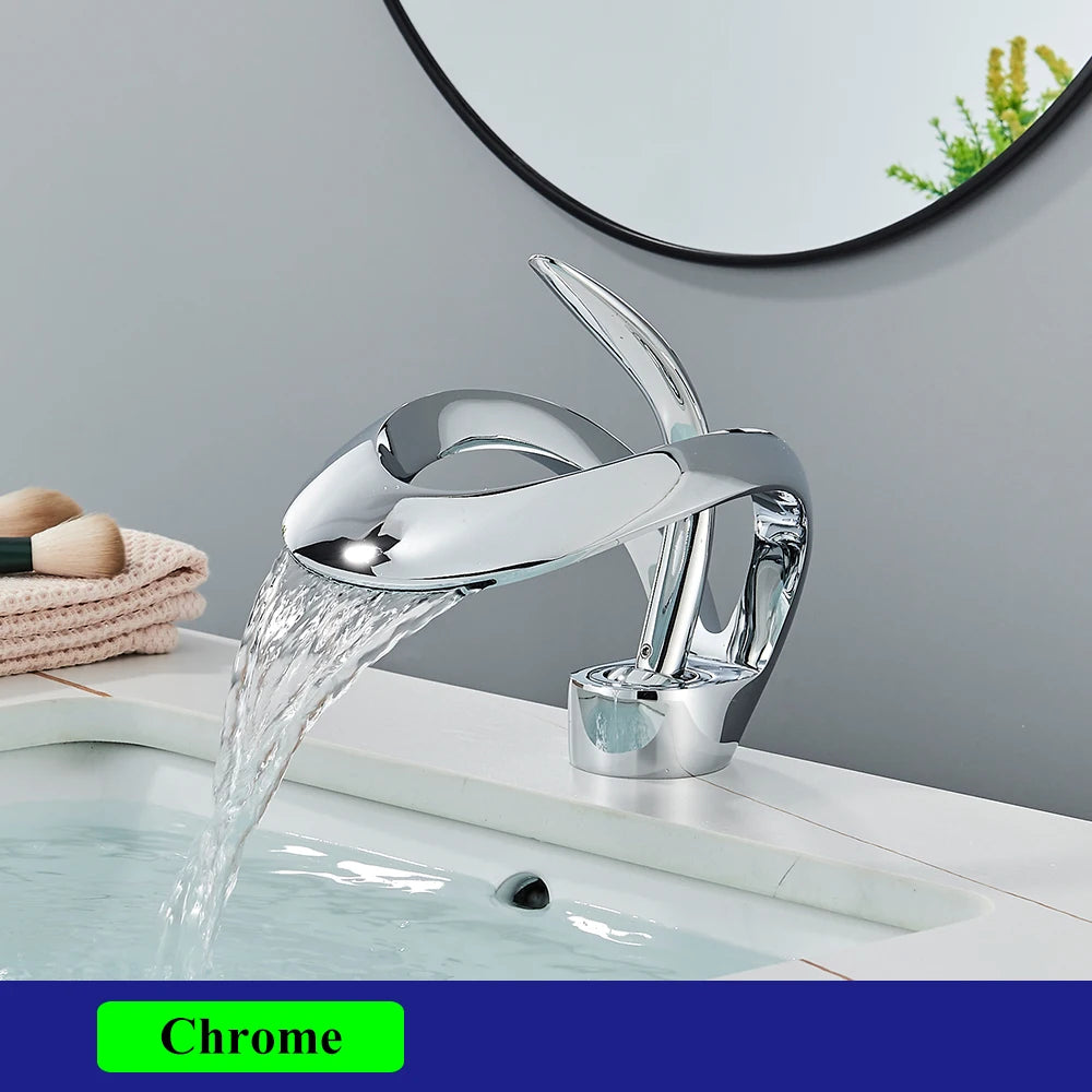 Waterfall Creative Bathroom Basin Faucet Sink Faucet Deck Mounted Hot Cold Water Mixer Crane Brass Body Single Hole Taps