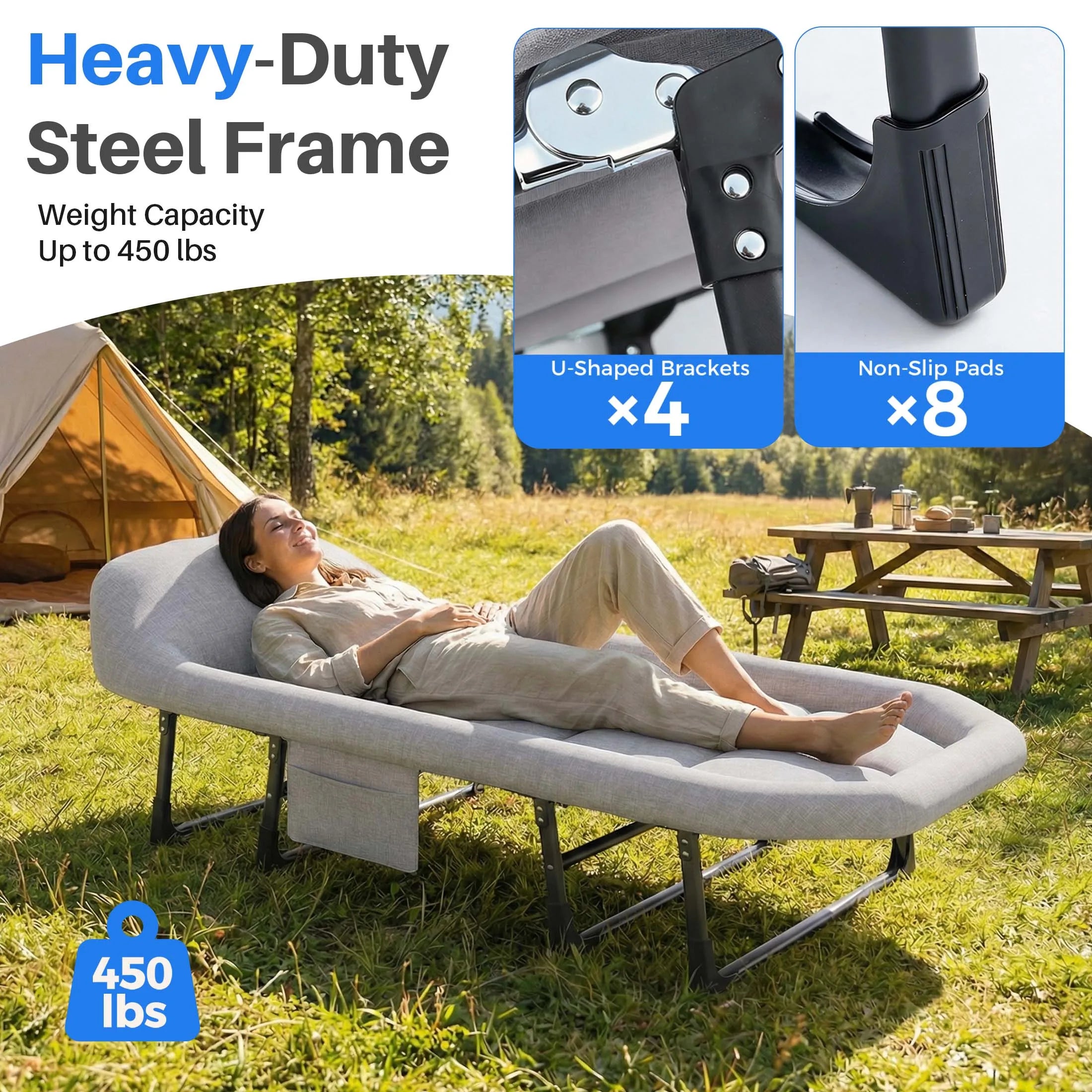 Adjustable Folding Camping Bed with Mattress Lightweight with Carry Bag 6 Angle Foldable Camping Bed for Camp Outdoor Supports 450 lbs