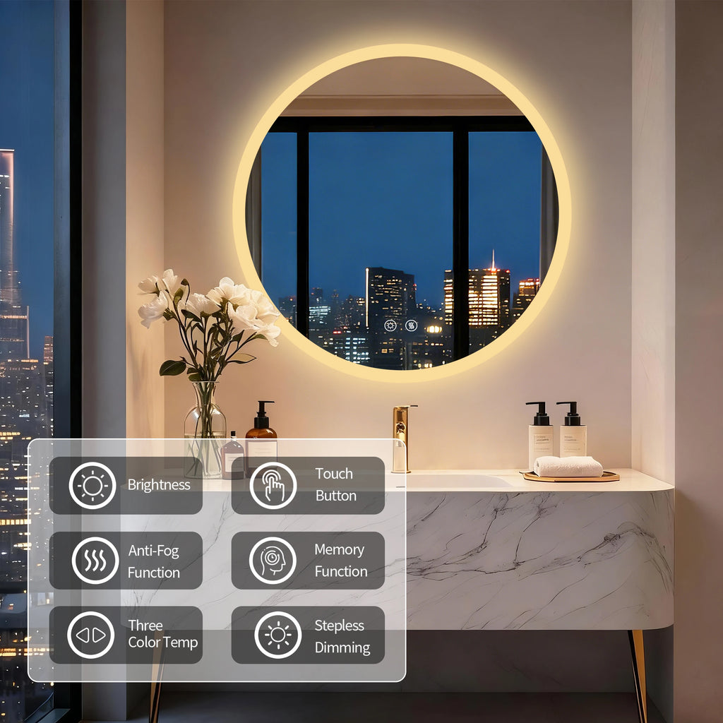 Wall Vanity Mirror with Aluminum Frame, Anti-Fog, Stepless Dimming, 3000K/4000K/6000K