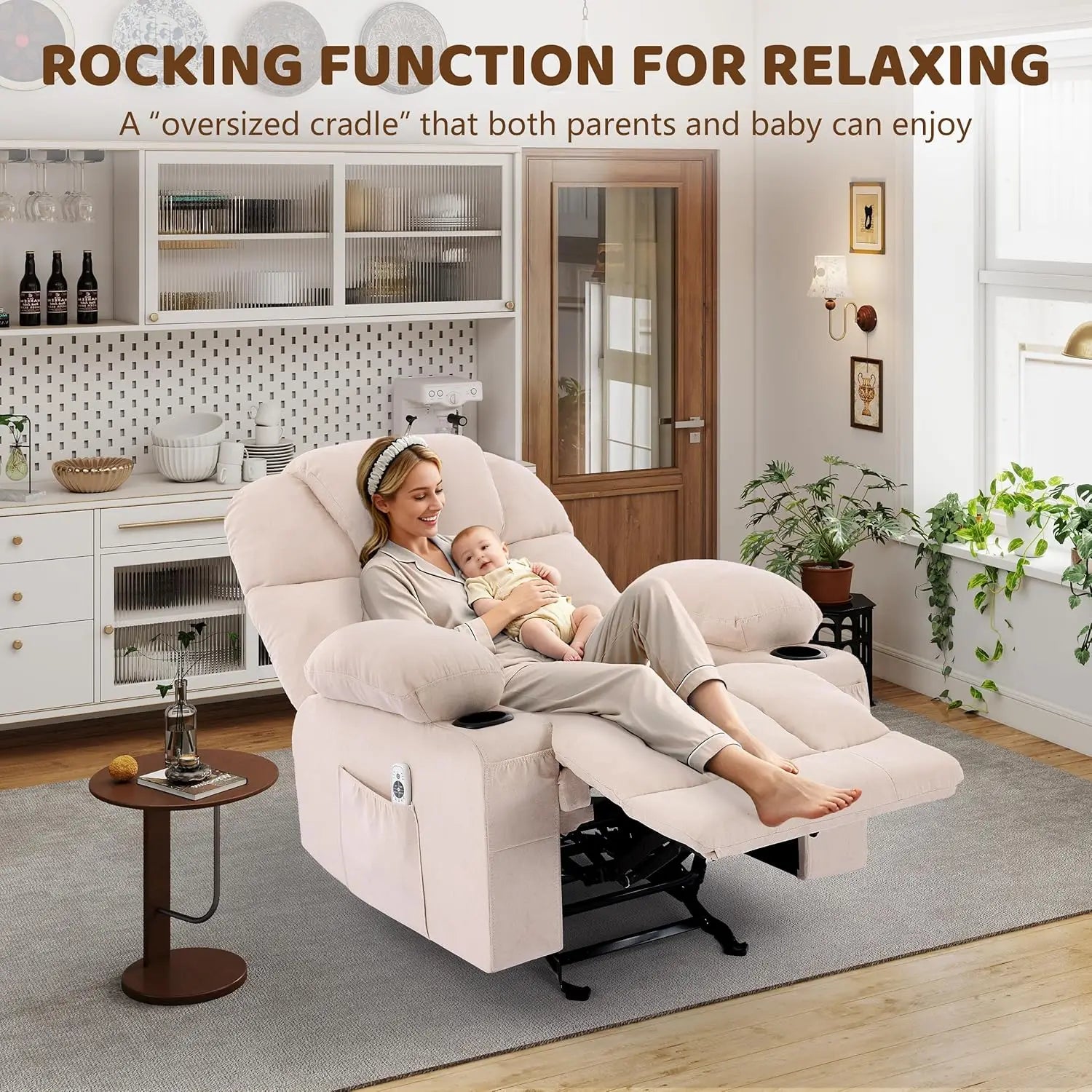 Massage Rocker Recliner Chair with Heat & Vibration 4 Pockets 2 Cup Holders