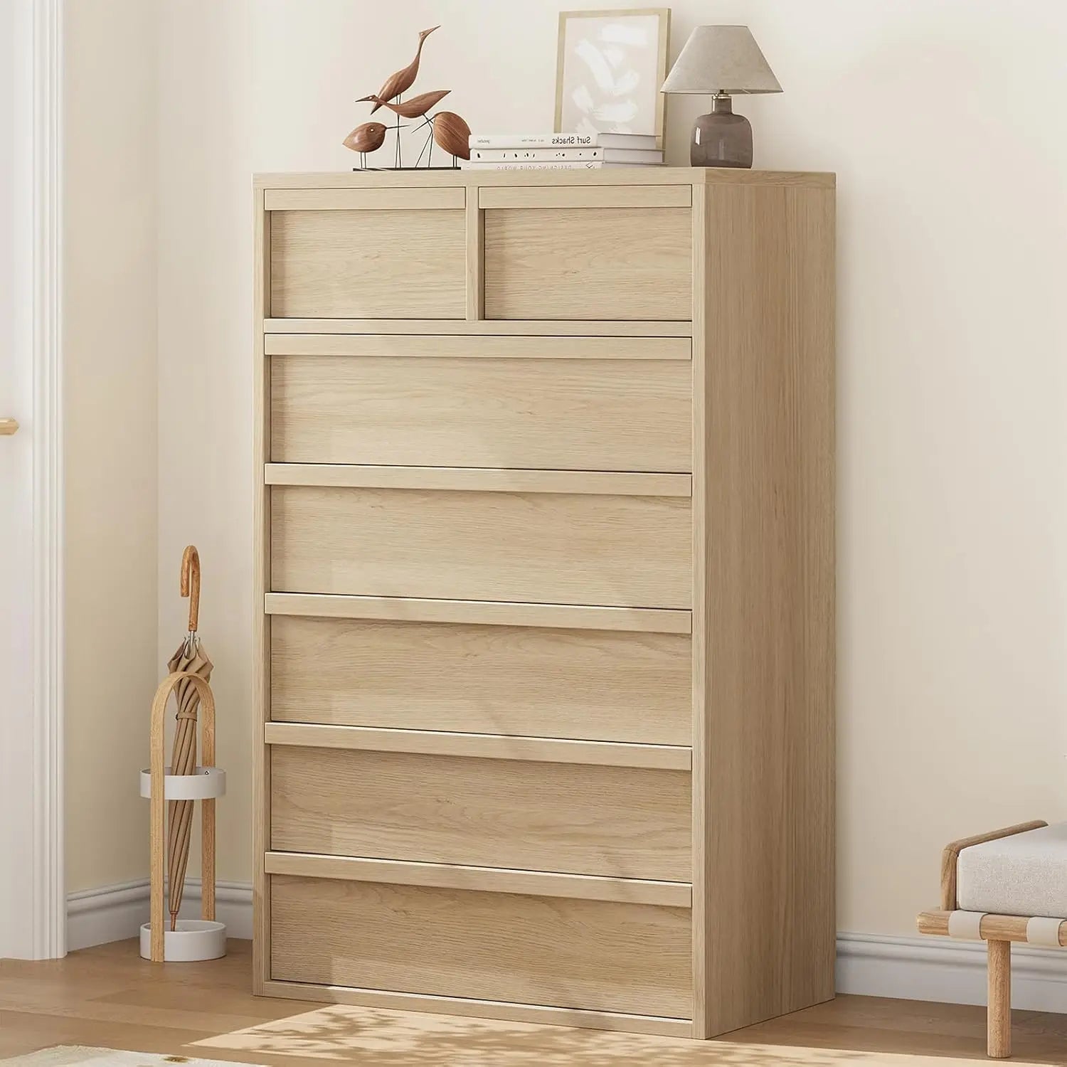 7 Drawer Dresser for Bedroom, 46 in Tall Natural Oak 7 Chest of Drawers with Large Storage for Living Room, Nursery, Entryway