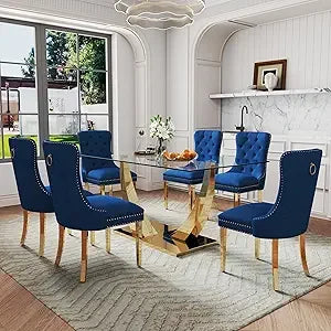 63" Gold Rectangular Glass Kitchen Table with 6 Beige High Back Chairs