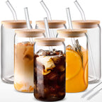 6pcs 18.6oz/550ml Drinking Glasses with Bamboo Lids and Glass Straw