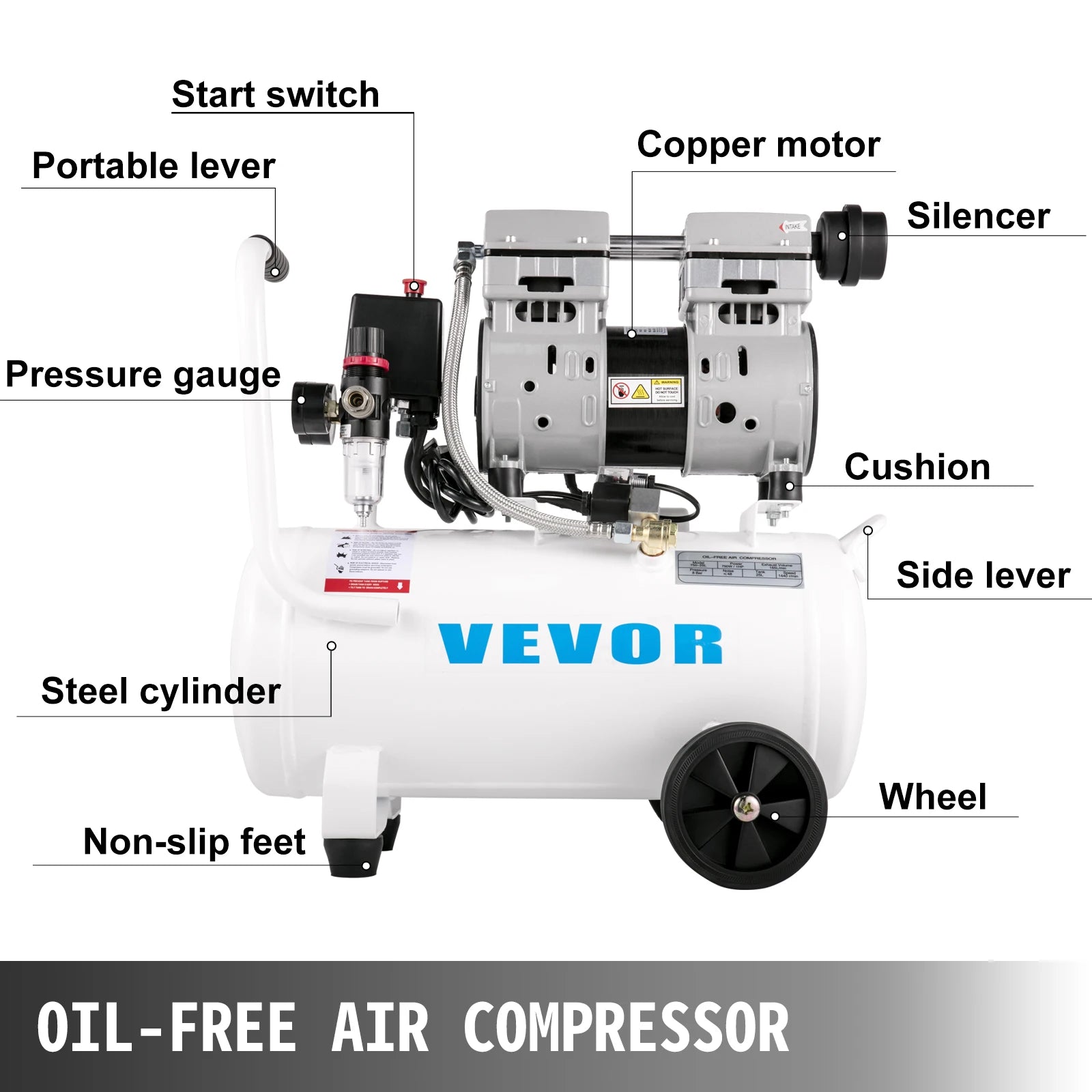 25/60L Air Compressor 110V/240V Oil-Free Air Compressor