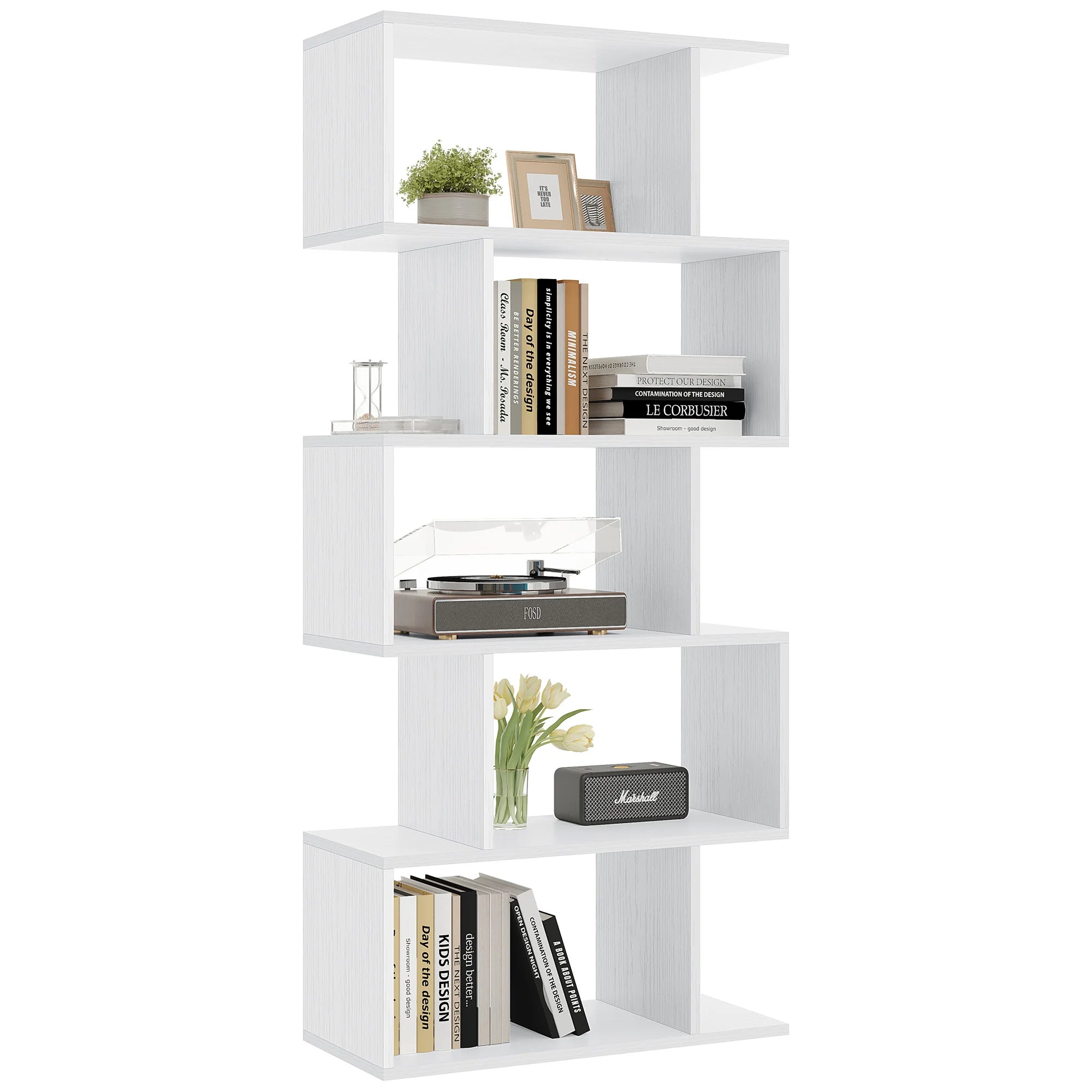 62IN Geometric Bookcase 5 Tier S-Shaped Wooden Display Bookshelf