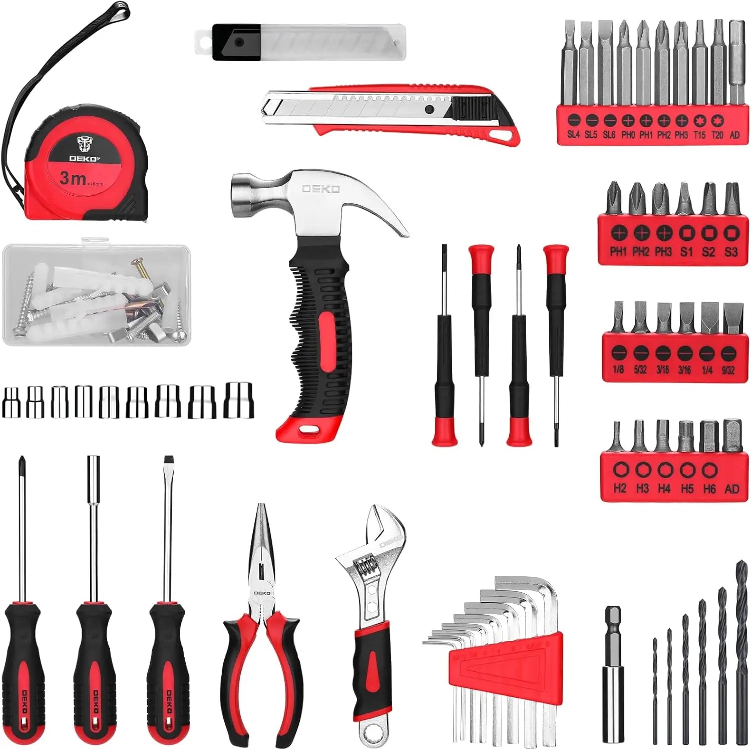 Tool Set with 8V Red Cordless Drill, Home Tool Kit with 126 Piece