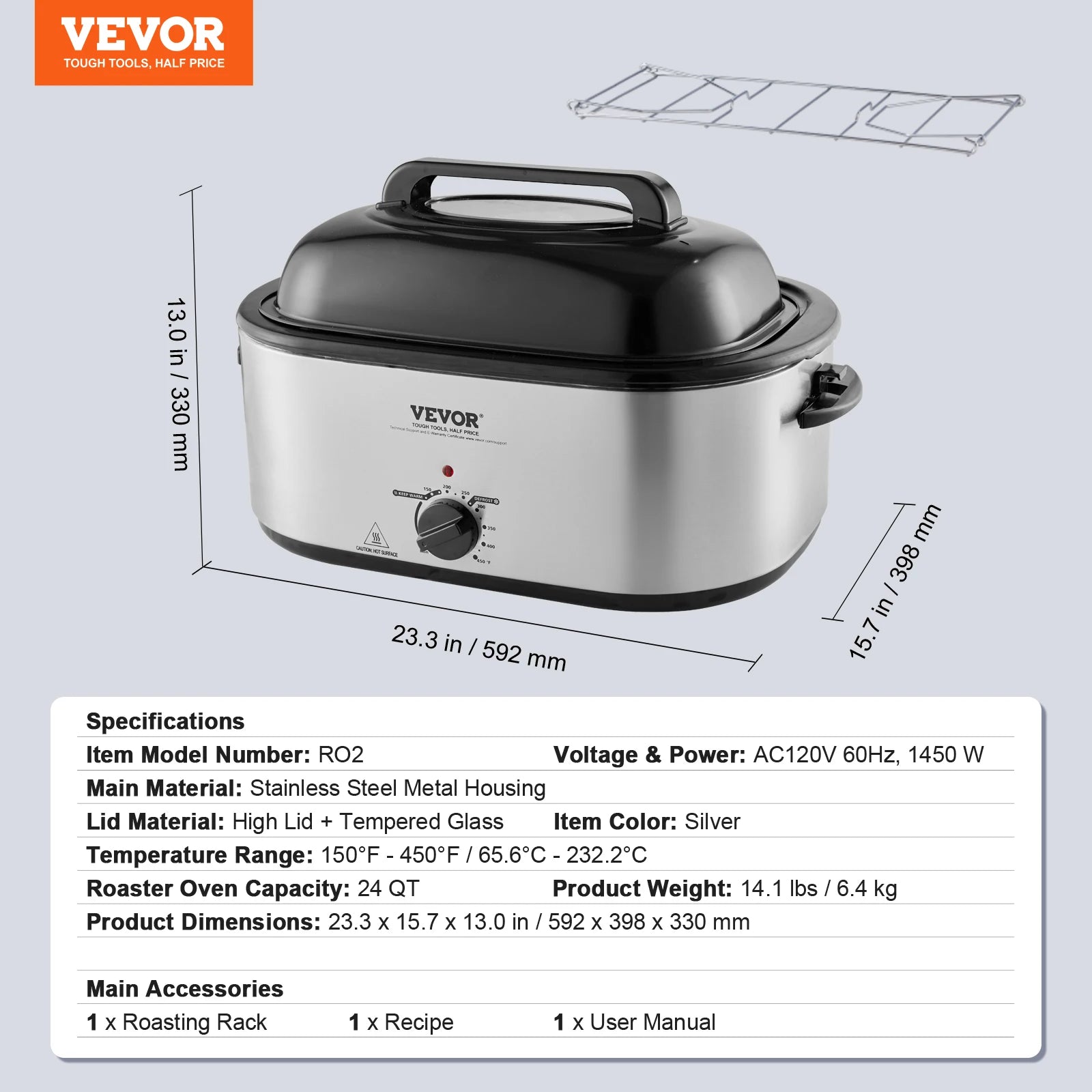 Electric Roaster Oven 24 QT Turkey Roaster Oven with Self-Basting Lid 1450W Roaster Oven Defrost&Warm Function Silver