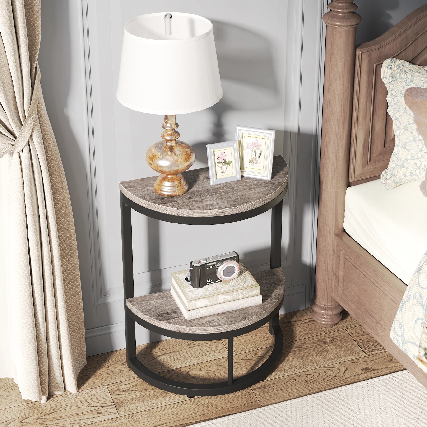 Small Half Round Side Table with Storage Shelf, Accent Table Slim