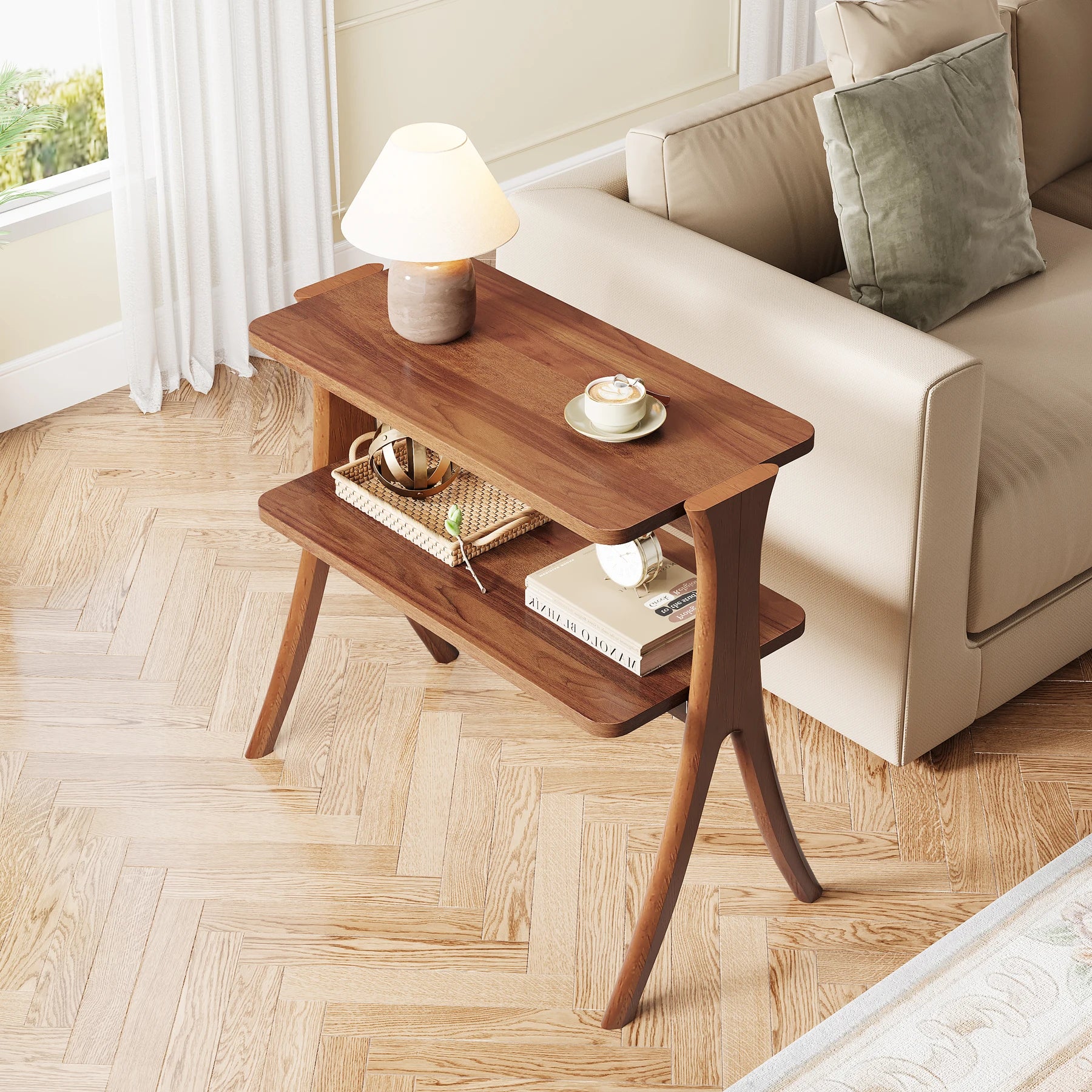 Narrow End Table with 2-Tier Storage Shelf and Solid Wood Legs, Slim Bedside Table