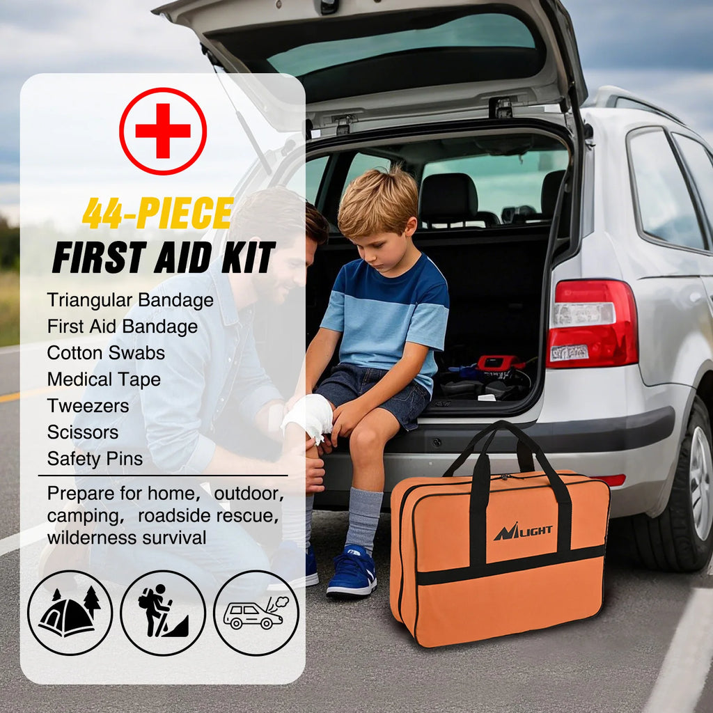 Car Emergency Kit with Jumper Cable, First Aid Kit Safety Assistance Tools for Travel Camping Outdoor Cars Truck SUV RV, Roadside Essentials with Flash Light