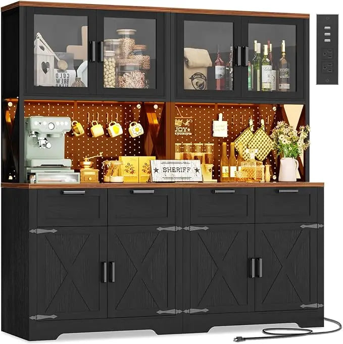 71" Tall Kitchen Pantry Storage Cabinet with LED Light & Outlet