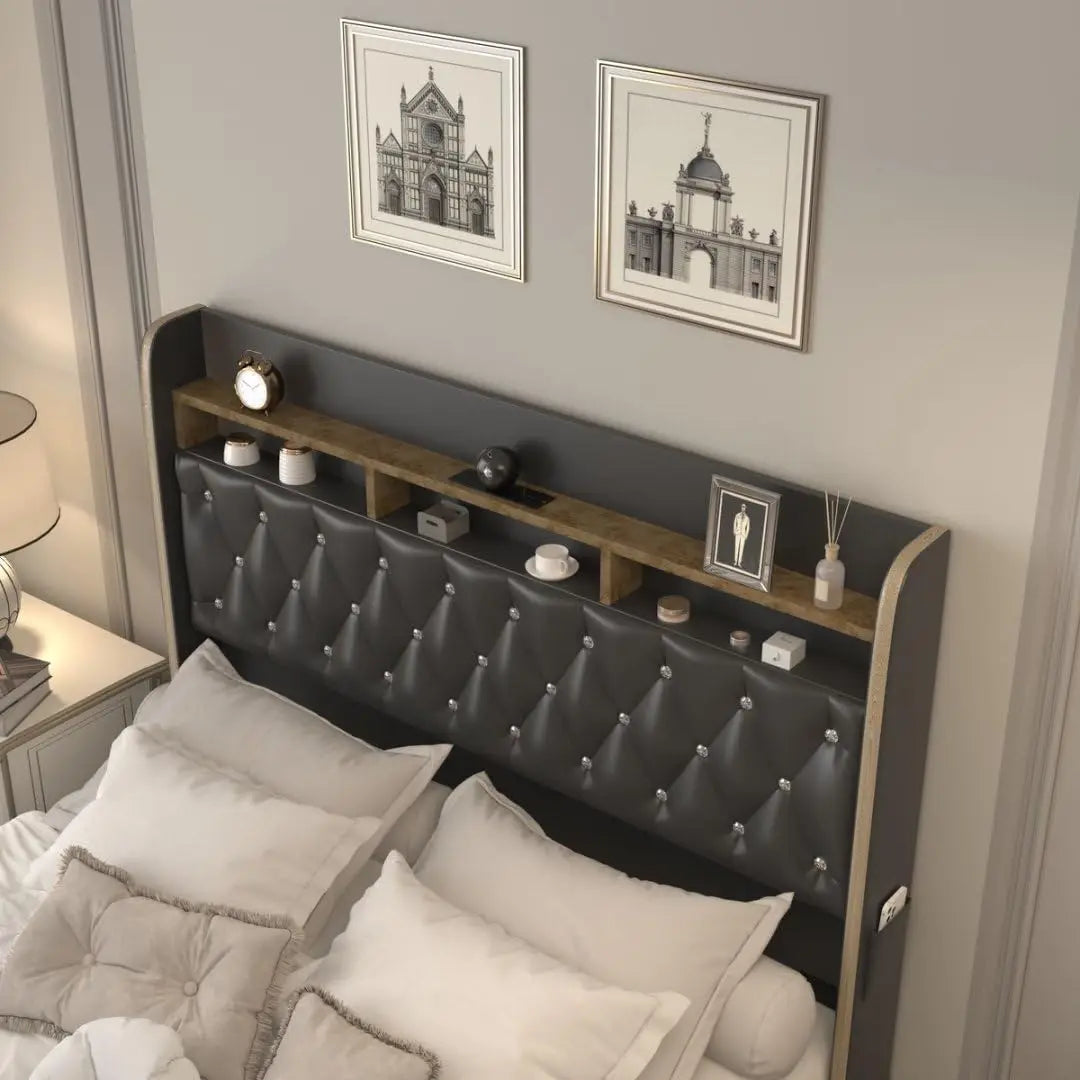Queen LED Bed Frame with Storage, Star Projector, Charging Station, 2-Tier Headboard, PU Leather Bed