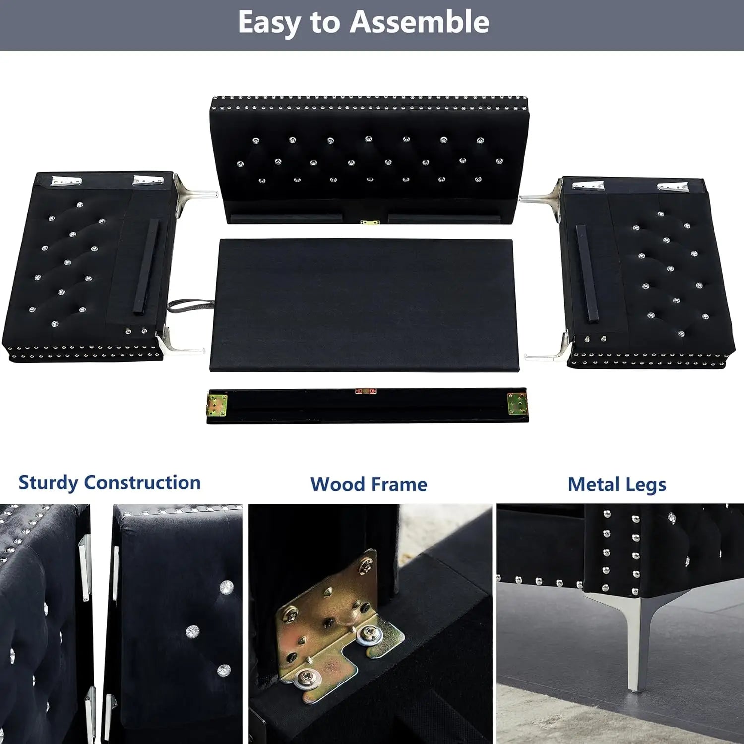 59.4" Jeweled Buttons Tufted Square Arm Couch Modern 2 Seater Couch with Silver Metal Legs