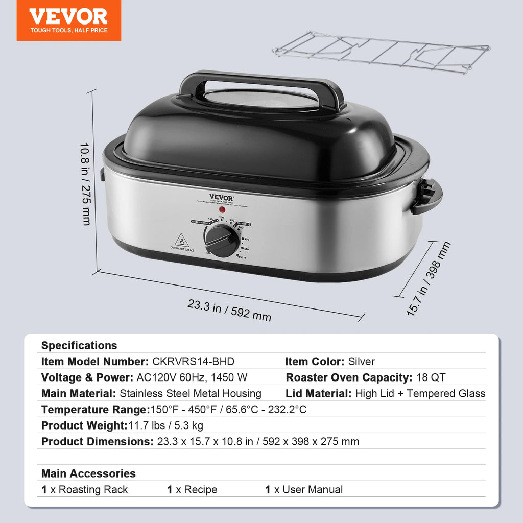 Electric Roaster Oven 24 QT Turkey Roaster Oven with Self-Basting Lid 1450W Roaster Oven Defrost&Warm Function Silver