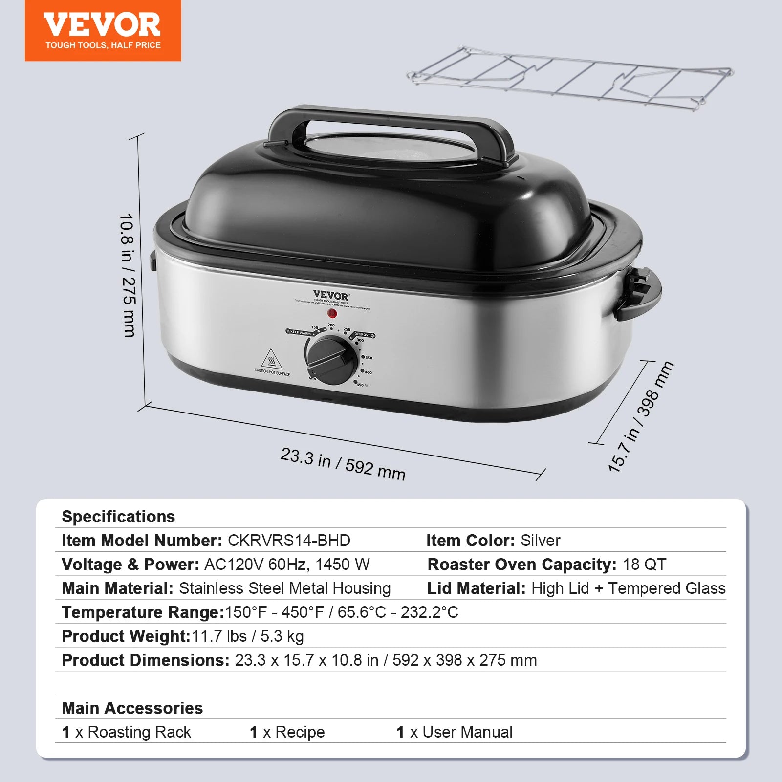 Electric Roaster Oven 24 QT Turkey Roaster Oven with Self-Basting Lid 1450W Roaster Oven Defrost&Warm Function Silver