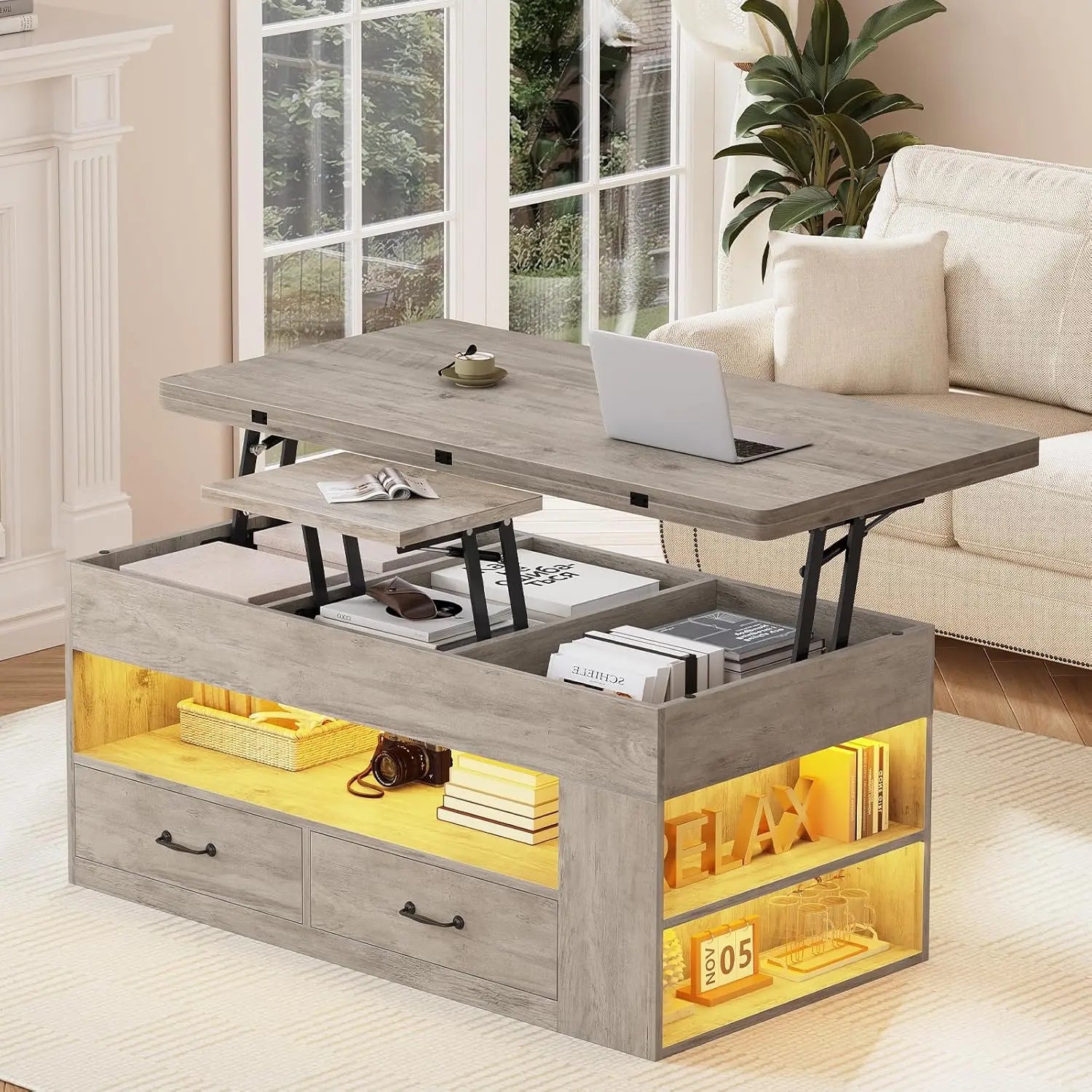 Lift Top Coffee Table with Storage Hidden Compartment 2 Fabric Drawers LED Light