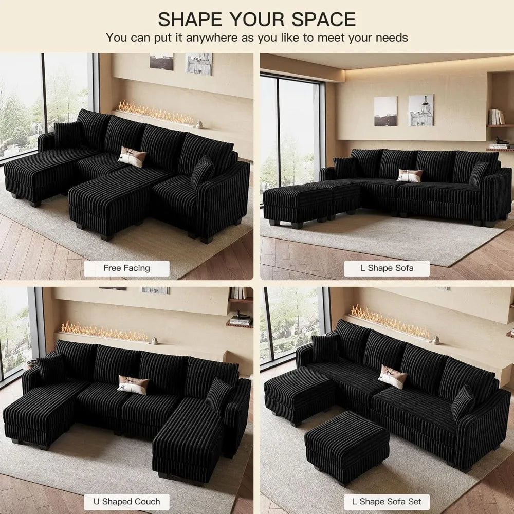 U-Shaped Sectional Sofa with Reversible Chaises & Ottomans, Corduroy Fabric