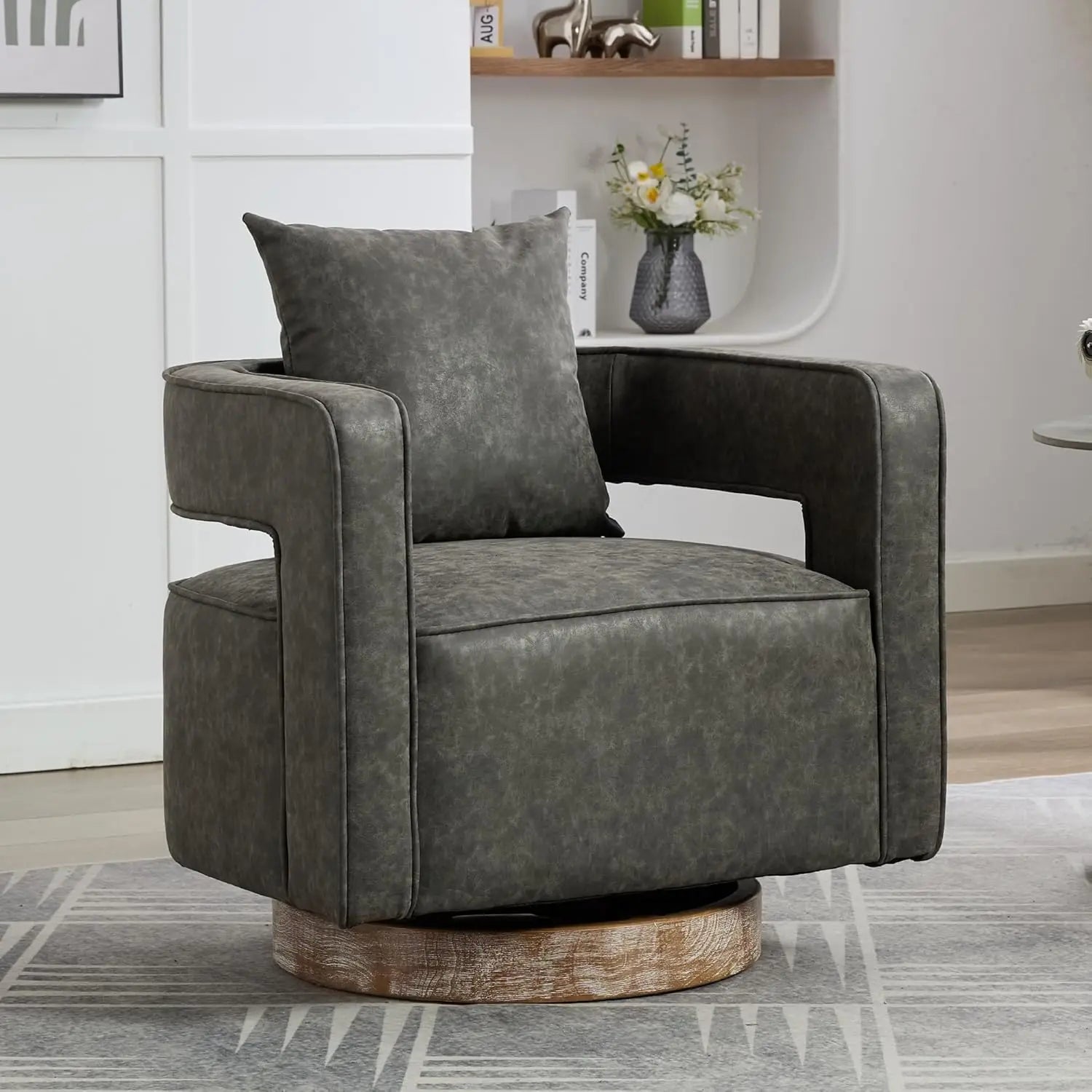 Upholstered Swivel Accent Chair Set of 2 Linen Open Back Barrel Chair with Pillow