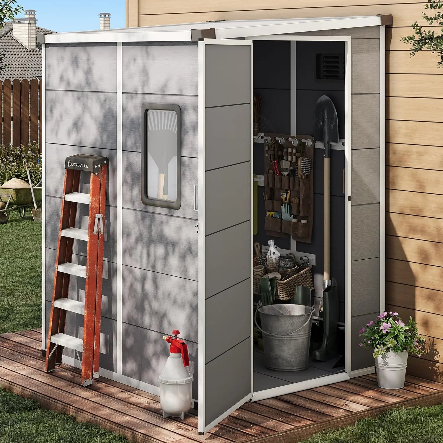 5 x 4 FT Resin Outdoor Storage Shed, All-Weather Plastic Garden Shed with Floor, Lockable Doors & Windows