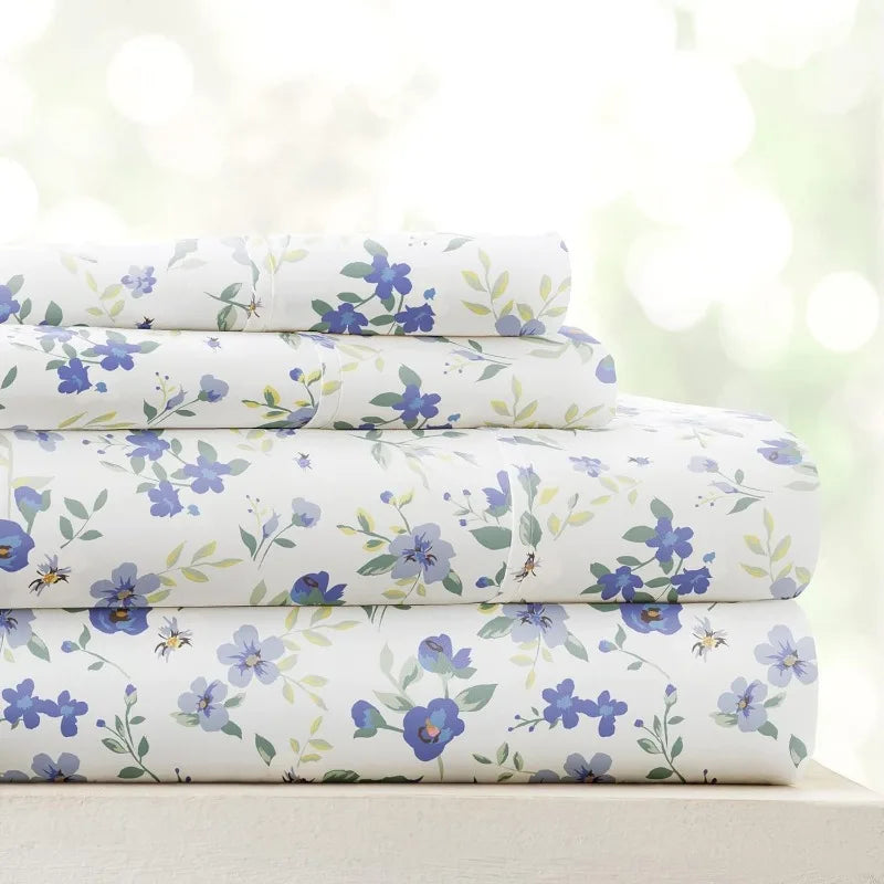 4 Piece Queen Sheet Set (Light Blue Floral) - Ultra-Soft & Cooling Bed Sheets