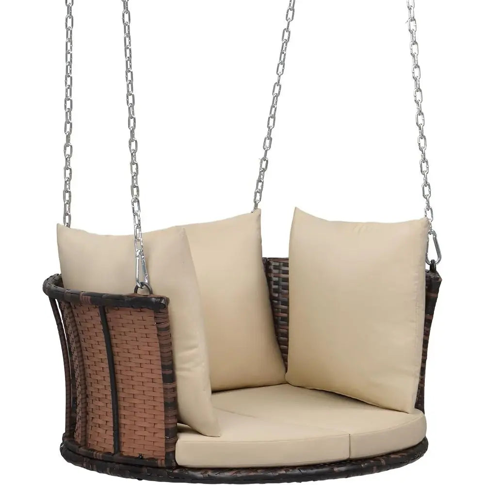 1-Person Use Round Rattan Porch Swing Outdoor Support 440 LBS with Cushions & Adjustable Chains