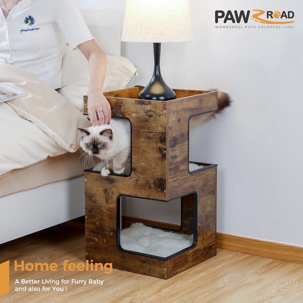Wood Cat Condo House Bed with Removable Soft Mats, Scratching Pad