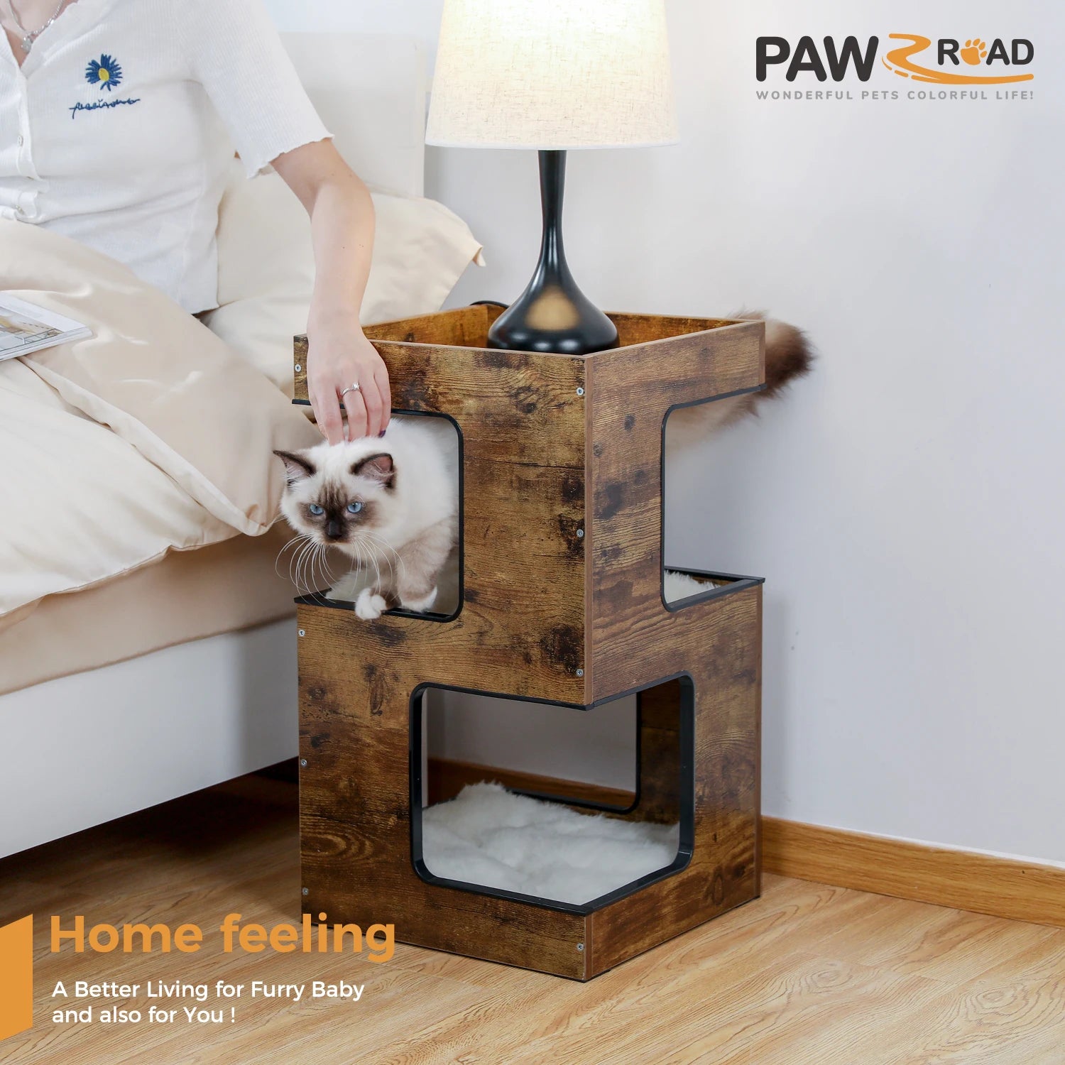 Wood Cat Condo House Bed with Removable Soft Mats, Scratching Pad