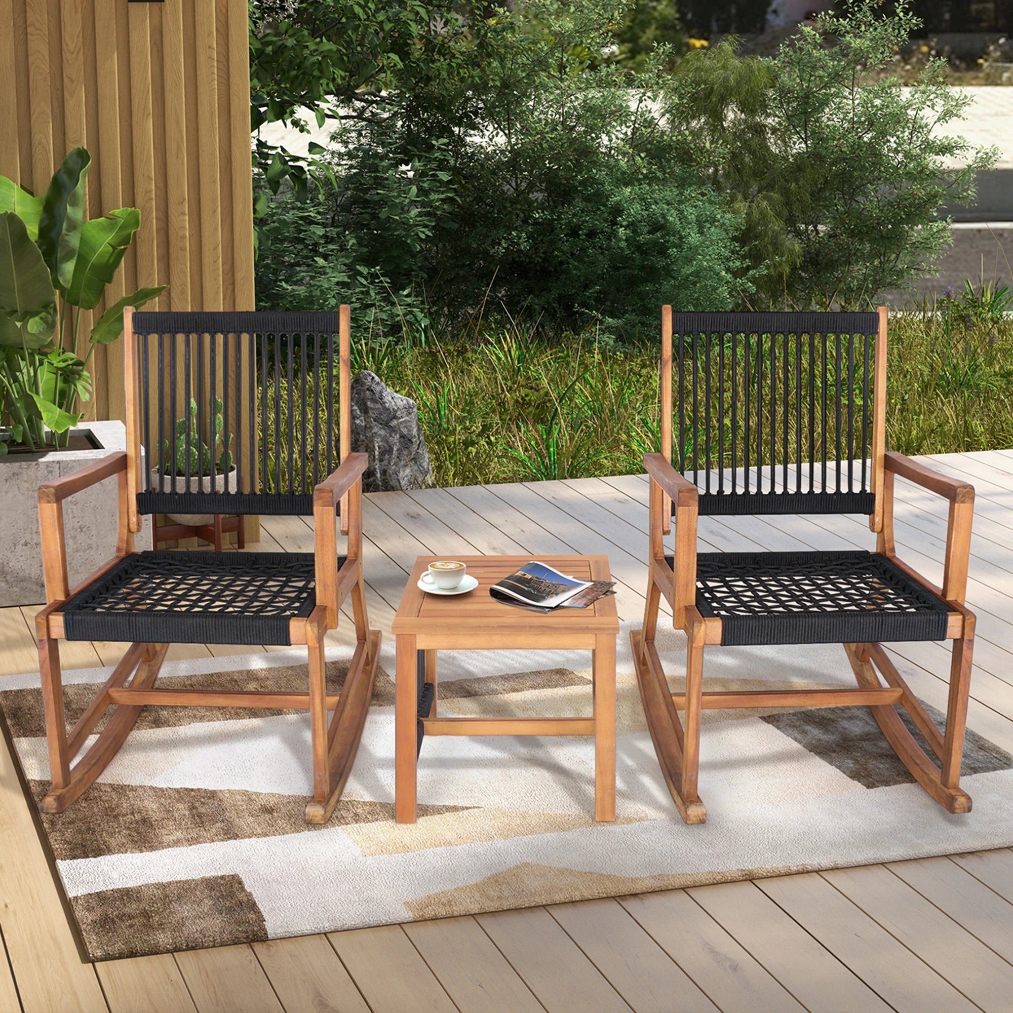 3pcs Wood Bistro Table Rocking Chair Set, All-Weather