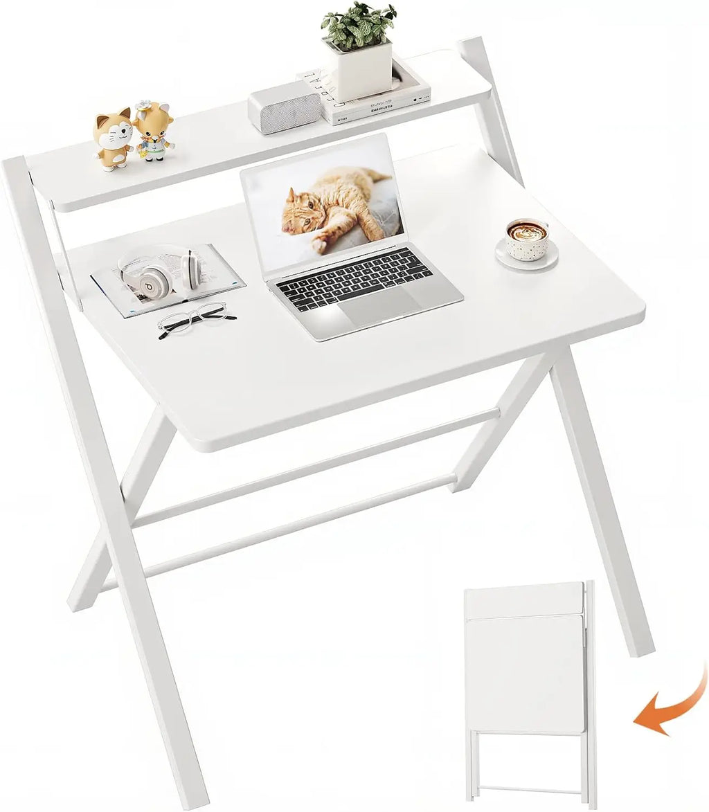 2-Tier Compact Computer Table with Shelf, Space Saving Foldable for Home Office or Dorm, White
