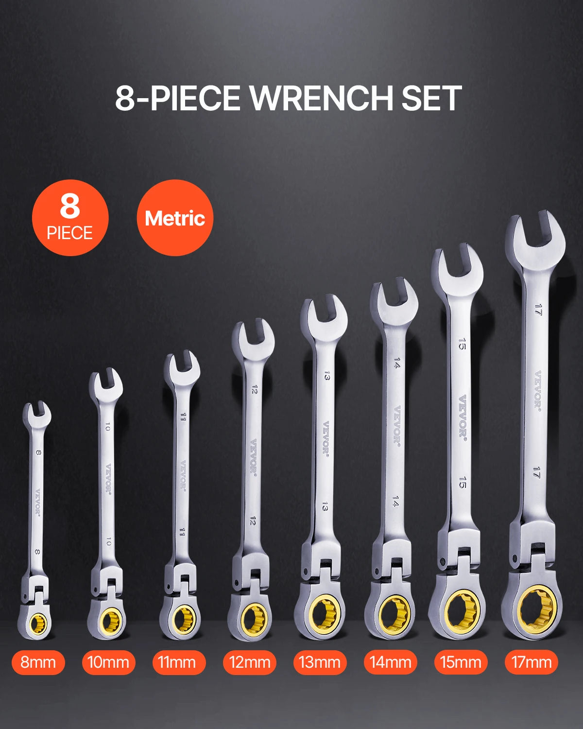 Flex-Head Ratcheting Wrench Set 8pcs Combination WrenchSet Roll-up PouchSteel Flexible Ratcheting Wrench Set SAE Metric